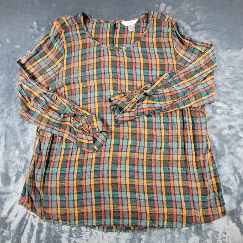CJ Banks Women 1X Plaid Rayon Blouse Multi-Color Long Sleeve Keyhole Back Top